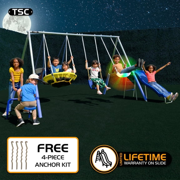 TSC Oxford Galvanized Metal Swing Set with LED Swing, Sit or Stand Swing, Teeter Totter, 32" Saucer Swing and 5-ft Blow-Molded Slide & Bonus 4-Pc Anchor Kit