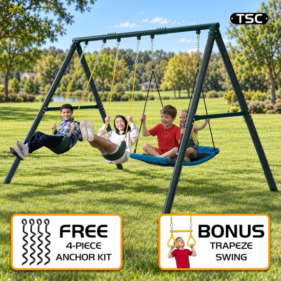 TSC Pinnacle 7.3FT 1200LBS Extra Tall Heavy Duty Metal Swing Set for Kids & Adults, Steel-Core Ropes with 2 Sling Swings, 2-Person Skyflyer, Trapeze Bar, Reinforced A-Frame