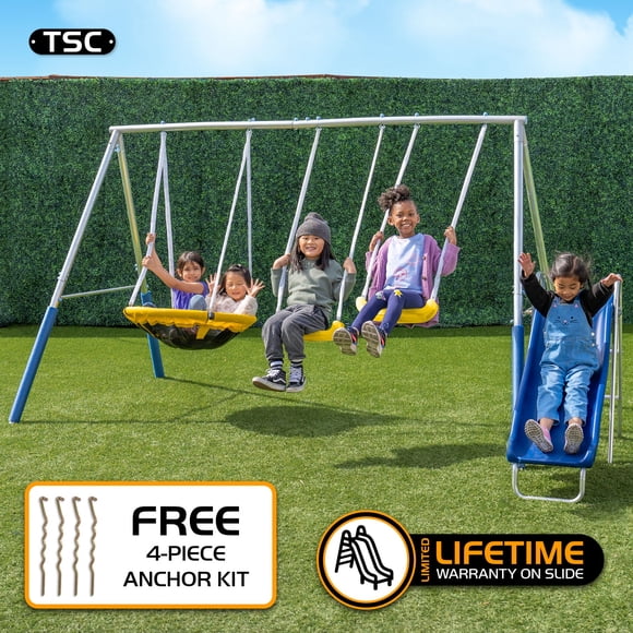 TSC Reese Galvanized Metal Swing Set with 2 Swing Seats, 5-ft Blow-Molded Slide & Bonus 4-Pc Anchor Kit