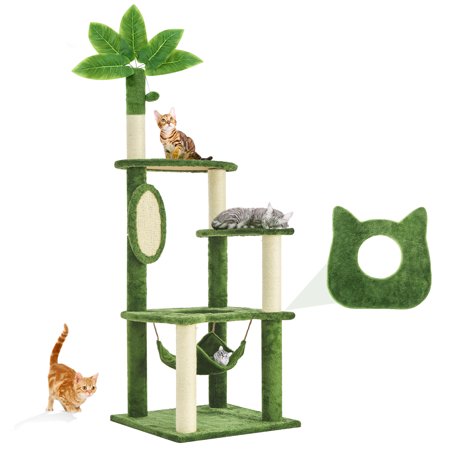 TSCOMON 61" Cat Tree for Indoor Cats with Green Leaves, Multi-Level Large Cat Tower with Hammock, Plush House with Hang Ball Toy and Cat Sisal Scratching Posts, Green