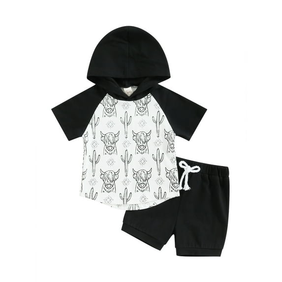 TSEXIEFOOFU Baby Boys Summer Outfits Cactus Bull Head Print Short Sleeve Hooded T-shirt and Casual Elastic Shorts Set