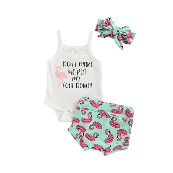 TSEXIEFOOFU Baby Girl Strappy Rompers Set Toddler Summer Letter Print Sleeveless Jumpsuit and Flamingo Print Shorts Headband