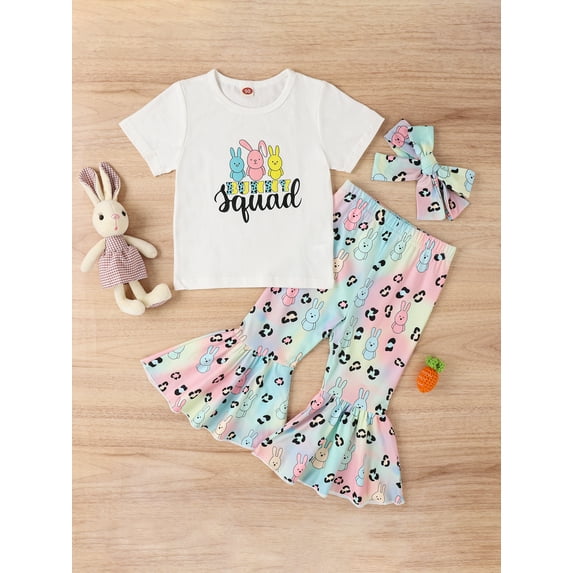 TSEXIEFOOFU Easter Kids Girls Clothes Suits Letter Rabbit Print Short Sleeve Crew Neck T-Shirts Bunny Print Flare Pants Headband 3Pcs Suit