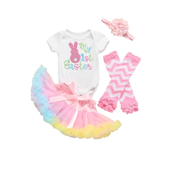 TSEXIEFOOFU Infant Baby Girl Easter Clothes Set, Embroidered Short-sleeved Jumpsuit + Colorful Ruffled Tulle Skirt + Leg Warmer + Headband