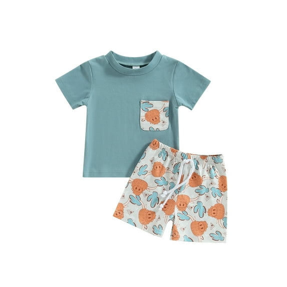 TSEXIEFOOFU Infant Boys Summer Clothes Outfits Crew Neck Short Sleeve Pocket T-Shirts and Cow Head Print Elastic Waist Shorts 2Pcs Suit