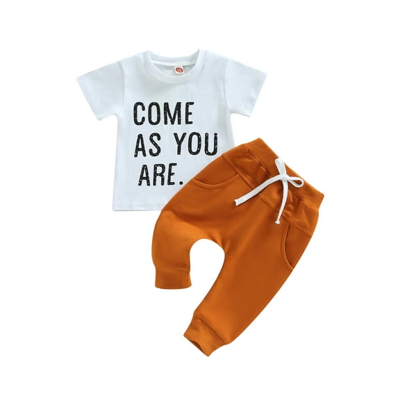 TSEXIEFOOFU Kid Boy Pants Suit Short Sleeve Round Neck Letters Print Tops Long Jogger Pants with Side Pockets