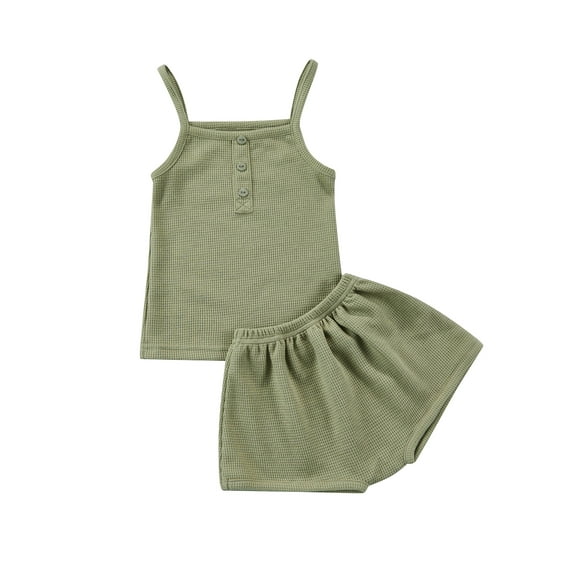 TSEXIEFOOFU Kid Girl Short Pants Outfits, Solid Color Sleeveless Button Sling Vest + Elastic Waist Shorts Simple Style Set
