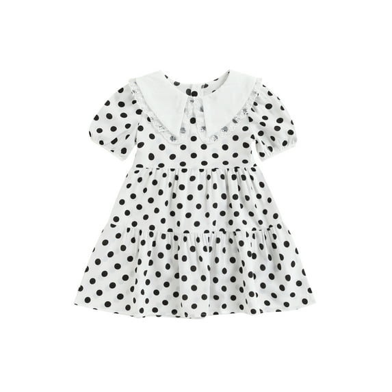 TSEXIEFOOFU Kids Girl Dress, Short Sleeve Doll Collar Dot Print Summer A-line Dress for Casual Daily
