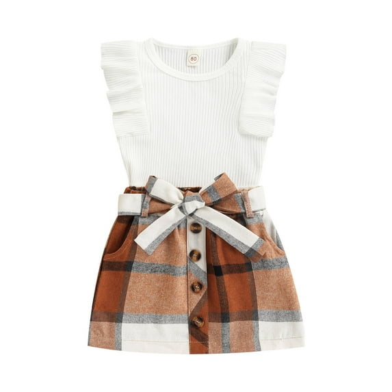 TSEXIEFOOFU Kids Toddler Girl Outfits Set, Round Neck Sleeveless Ribbed T-shirt Tops + Buttons Contrast Color Plaid Skirt with Waistband