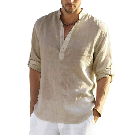 TSEXIEFOOFU Mens Long Sleeve Shirts Cotton Linen Button Down Beach Casual Summer Shirts