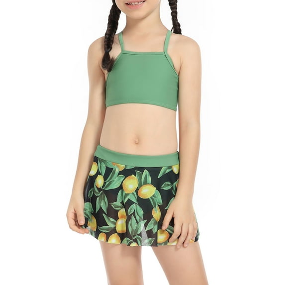 TSEXIEFOOFU Mother Daughter Summer 3PCS Swimwear Sets Solid Color Sling Vest + Floral/Leaf/Lemon Print Skirt + Thong(Black,2-4 Years)