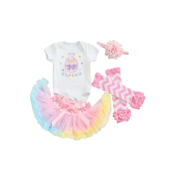 TSEXIEFOOFU Newborn Girl Four-Piece Outfits, Short Sleeve Romper + Colorful Princess Skirt + Waves Leg Warmers + Decorative Hairband