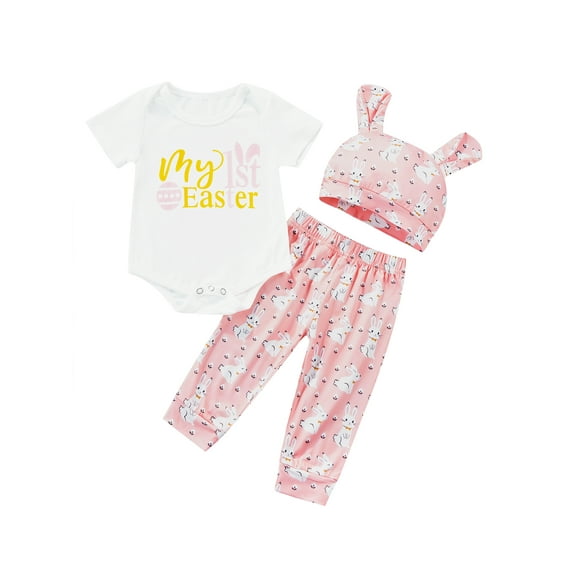 TSEXIEFOOFU Newborn Girl Three-Piece Outfits, Letter Print Short Sleeve Romper + Bunny Print Trousers + Cute Ears Hat