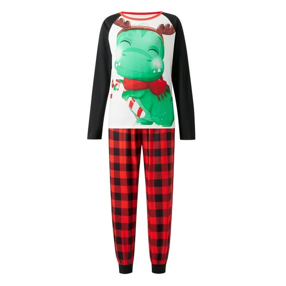 TSEXIEFOOFU Parent-Child Christmas Nightclothes, Long Sleeve Christmas Cartoon Dinosaur Print Tops Trousers Suit / Romper