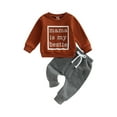 thumbnail image 1 of TSEXIEFOOFU Toddler Boy Autumn Clothes Set, Long Sleeve Round Neck Letter Print Sweatshirt + Solid Color Trousers with Drawstring, 1 of 8