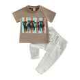 thumbnail image 1 of TSEXIEFOOFU Toddler Boys Summer Outfit Sets Short Sleeve O Neck Letter/Cattle Head Print Tops + Solid Color Drawstring Pants, 1 of 9