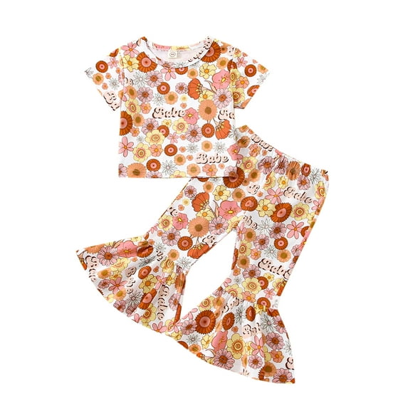 TSEXIEFOOFU Toddler Girl 2Pcs Fall Outfits Short Sleeve Floral Letter Print T-Shirt + Flare Pants Set