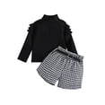 thumbnail image 1 of TSEXIEFOOFU Toddler Girl Autumn Clothes Set Ruffled Long Sleeve High Neck Ribbed Pullover + Houndstooth Print Shorts + Belt, 1 of 9