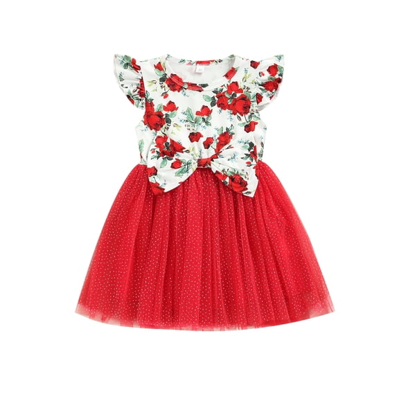 TSEXIEFOOFU Toddler Girls Dress, Round Neck Fly Sleeve Printed Patchwork Mesh Tulle Hem Dresses