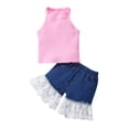 thumbnail image 1 of TSEXIEFOOFU Toddler Girls Summer 2Pcs Outfits, Sleeveless Ribbed Stand-Up Collar Tops + Lace Patchwork Denim Shorts, 1 of 9