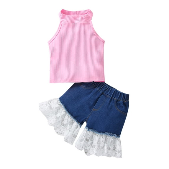 TSEXIEFOOFU Toddler Girls Summer 2Pcs Outfits, Sleeveless Ribbed Stand-Up Collar Tops + Lace Patchwork Denim Shorts