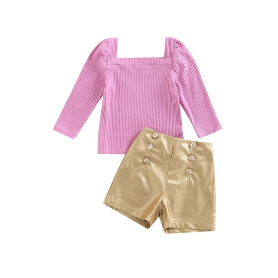 TSEXIEFOOFU Toddler Kids Girls 2 Pieces Outfits Solid Color Knitted Ribbed Puff Long Sleeve Tops + PU Leather Buttons Shorts Set