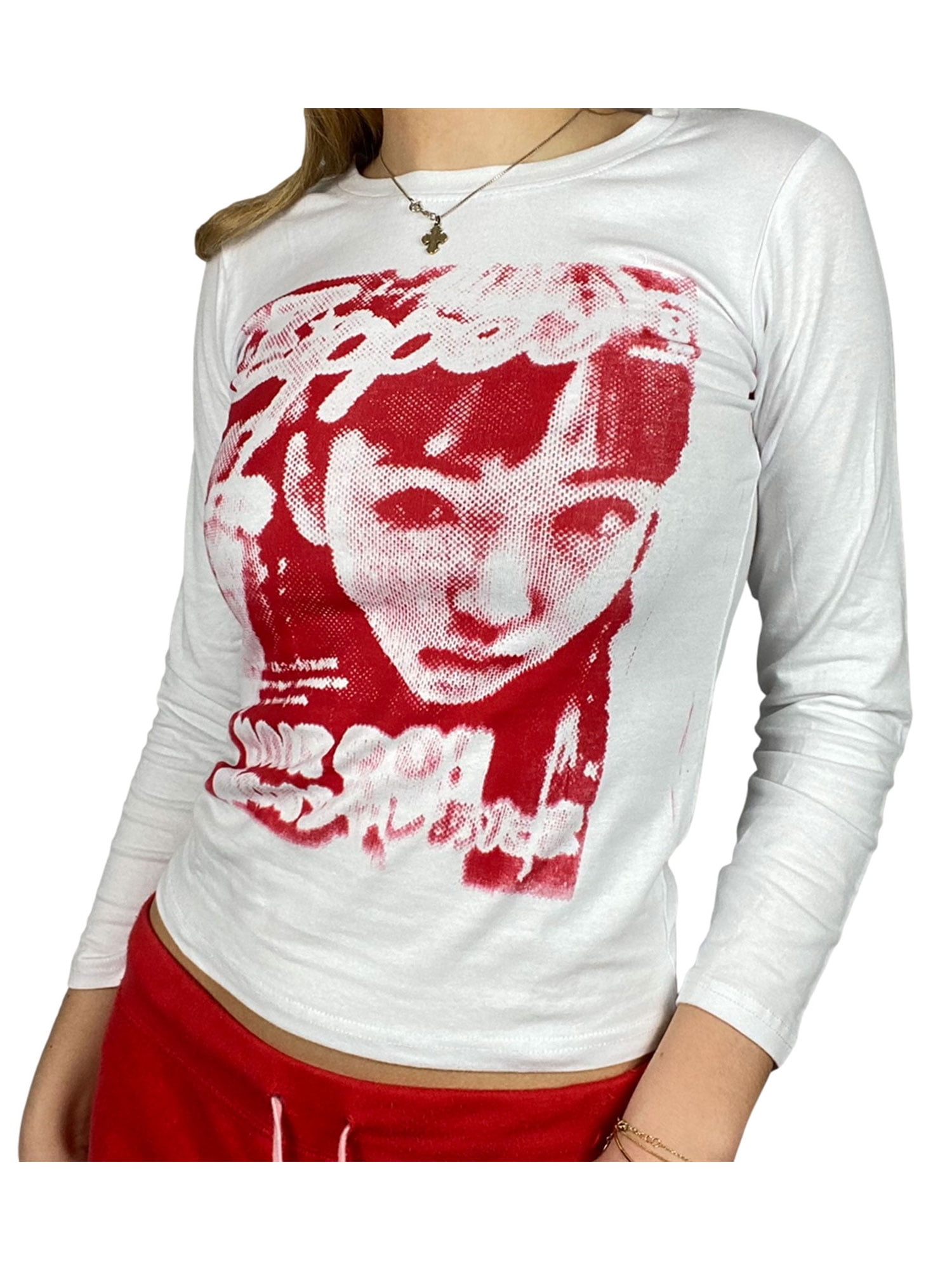 TSEXIEFOOFU Women Fairy Grunge Y2K Shirts Vintage Graphic Print Long Sleeve  Blouse Tee Tops Aesthetic Crop Top, Pink/White/Black/Red