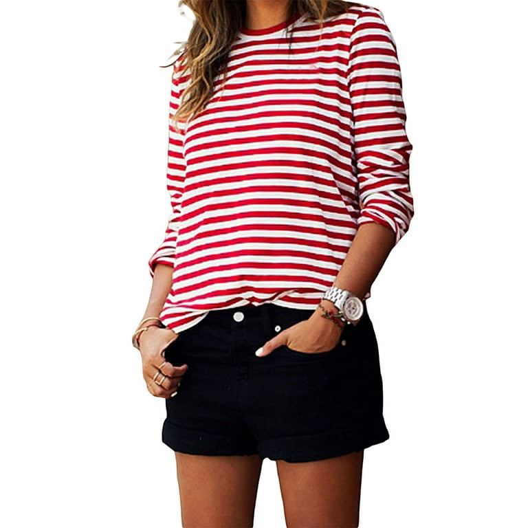 TSEXIEFOOFU Women Red White Striped Casual Tops Long Sleeve T-Shirt Round  Neck Loose Shirt