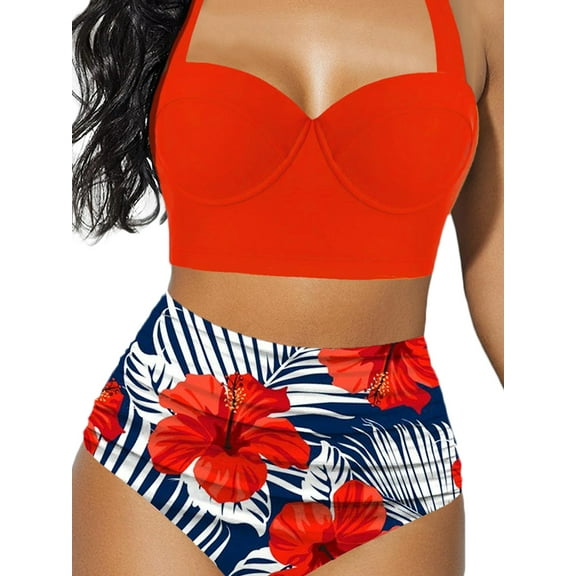 TSEXIEFOOFU Women's Halter Bikinis High Waist Bikini Bottom Two Piece Bathing Suit