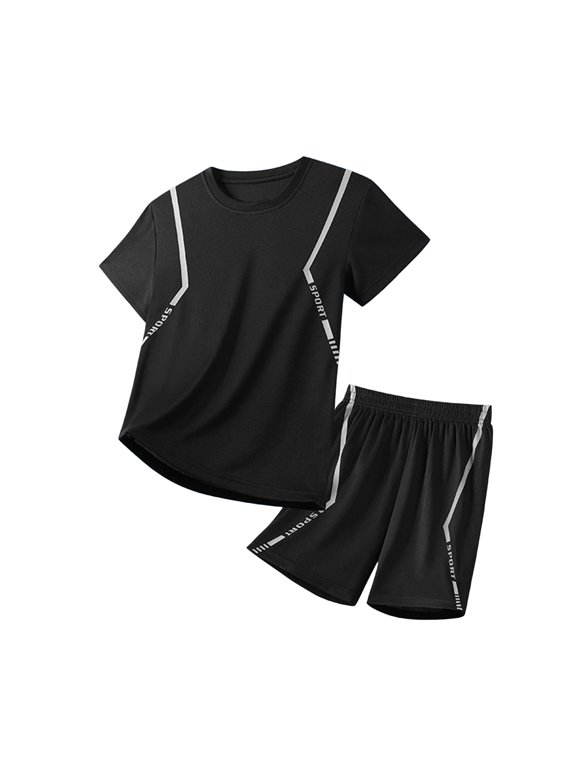 Boy Outfits Boys Simple Casual Outfit Short Sleeve Top with Shorts, Breathable Fabric for Hot Weather(Black,5-6 Years)
