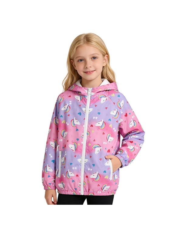 Girls' Outerwear Jackets & Coats Little Girls Rainbow Print Hooded Windbreaker Zip Up Lightweight Windproof Spring Autumn Jacket(5-6 Years,Pink)