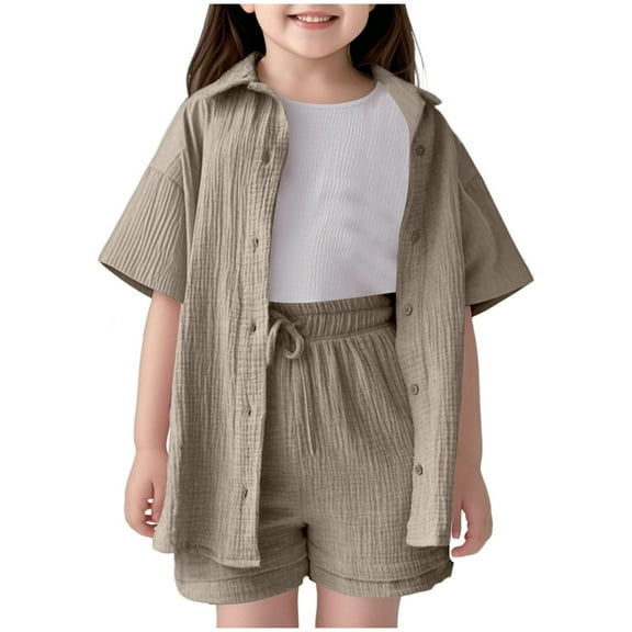 TSHXS Girls Short Sets Size 7-8 7-8 Girls Clothes Girls Summer Outfits Casual Lounge Set Elastic Waist Shorts 2 Piece Clothing Sets 7-8 Years Khaki