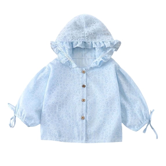 TSHXS Girls Zip Up Hoodie Infant Girls Floral Ruffle Hooded Sun Protection Shirt Jacket Button Front Light Thin Spring Outdoor Coat(4-5 Years,Blue)