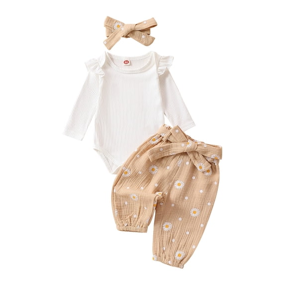 TSHXS Infant Girl Clothes Infant Outfits For Girls Girl'S 3Pc Rib Frill Long Sleeve Romper And Pant Set Beige