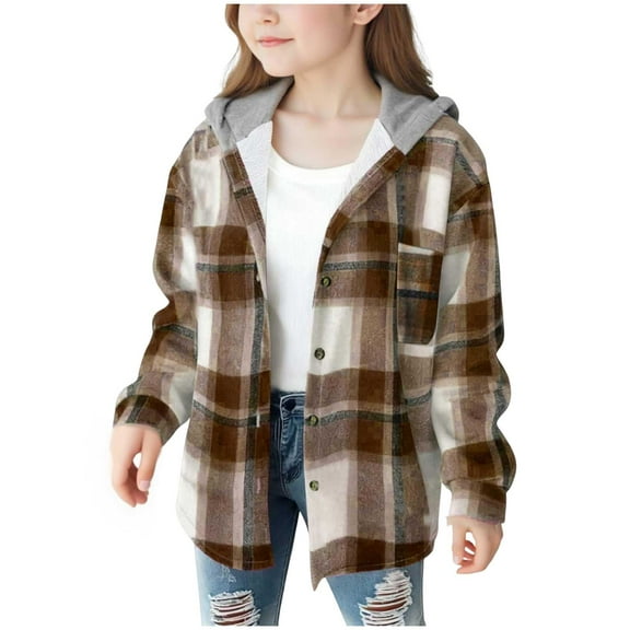 TSHXS Jackets For Girls 10-12 Girls Fall Outfits Girls Cute Flannel Plaid Button Down Top With Pockets Long Sleeve Hooded Jacket 6-7 Years