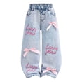 thumbnail image 1 of TSHXS Kids Clothes Girls Little Girls Wide Leg Denim Trousers 3D Letter Print with Bow Relaxed Fit Casual Jeans for Autumn Spring（Blue,7-8 Years）, 1 of 9