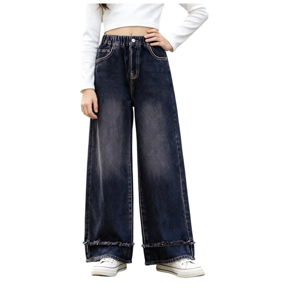 TSHXS Kids Jeans Girls Elastic Waist Wide Leg Denim Jeans Frayed Cuff Breathable Loose Casual Trousers for Spring Fall(Black,7-8 Years)