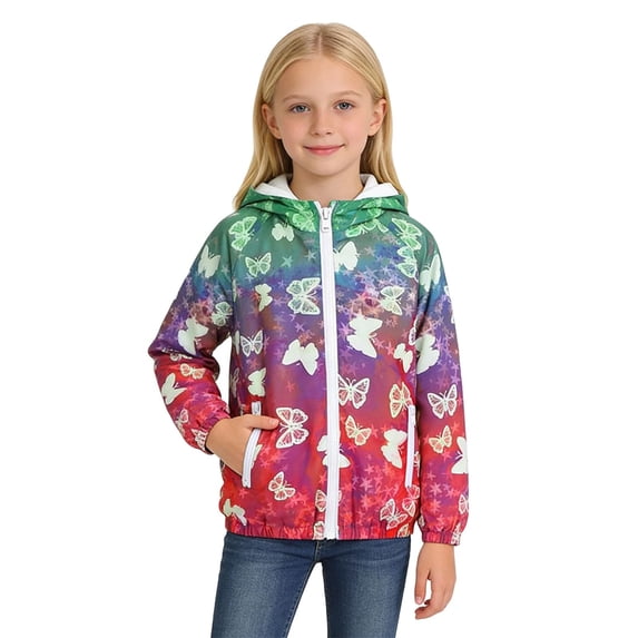 TSHXS Rain Jacket Girls Little Girls Rainbow Print Hooded Windbreaker Zip Up Lightweight Windproof Spring Autumn Jacket(6-7 Years,Green)