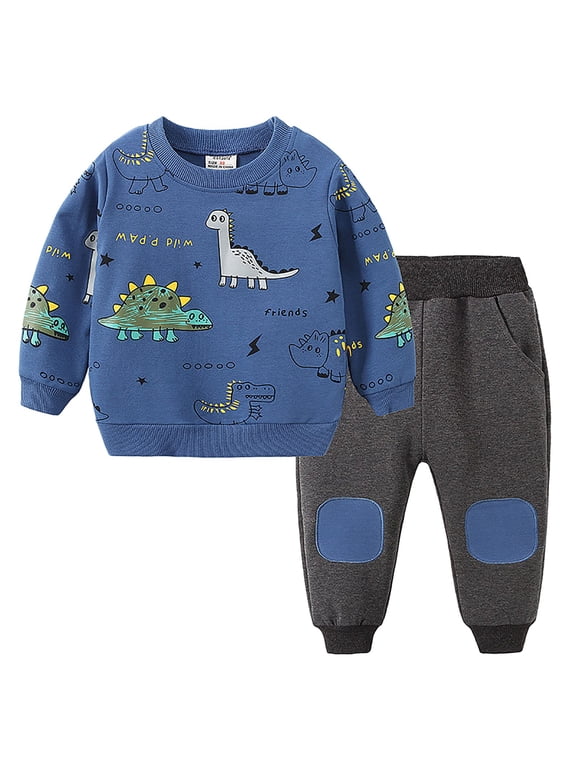 Toddler Boys Dinosaur All Print Crew Sweatshirt Knee Patch Jogger Pants 2Pcs Spring Playwear Set(4-5 Years)
