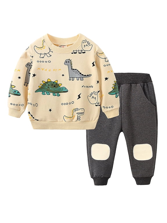 Toddler Clothes For Boys 3T 2T Boys Clothes Toddler Boy Clothing Sets Printed Long Sleeve Tops And Pants Kids 2Pcs Outfits Beige 2-3 Years