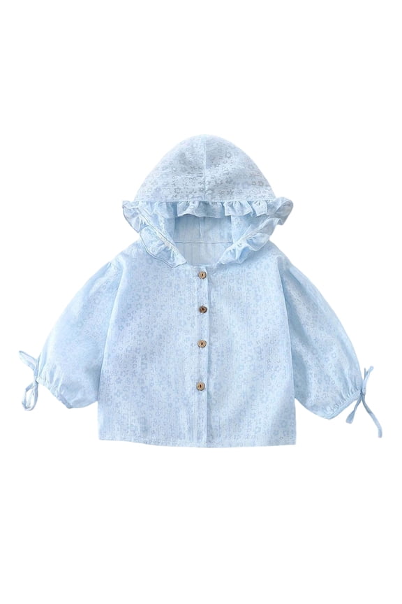 Toddler Rain Jacket Infant Girls Floral Ruffle Hooded Sun Protection Shirt Jacket Button Front Light Thin Spring Outdoor Coat(8-9 Years,Blue)