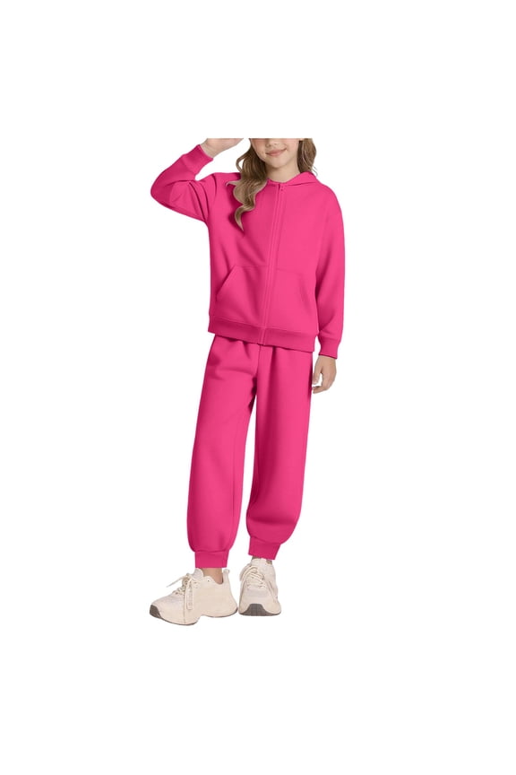 TSHXS Zip Up Girls Fall Clothes Girls 2 Piece Outfits Kids Girls Clothes Stylish Tops And Pants With Pockets Clothing Sets 2 Piece Outfits Hot Pink 9-10 Years