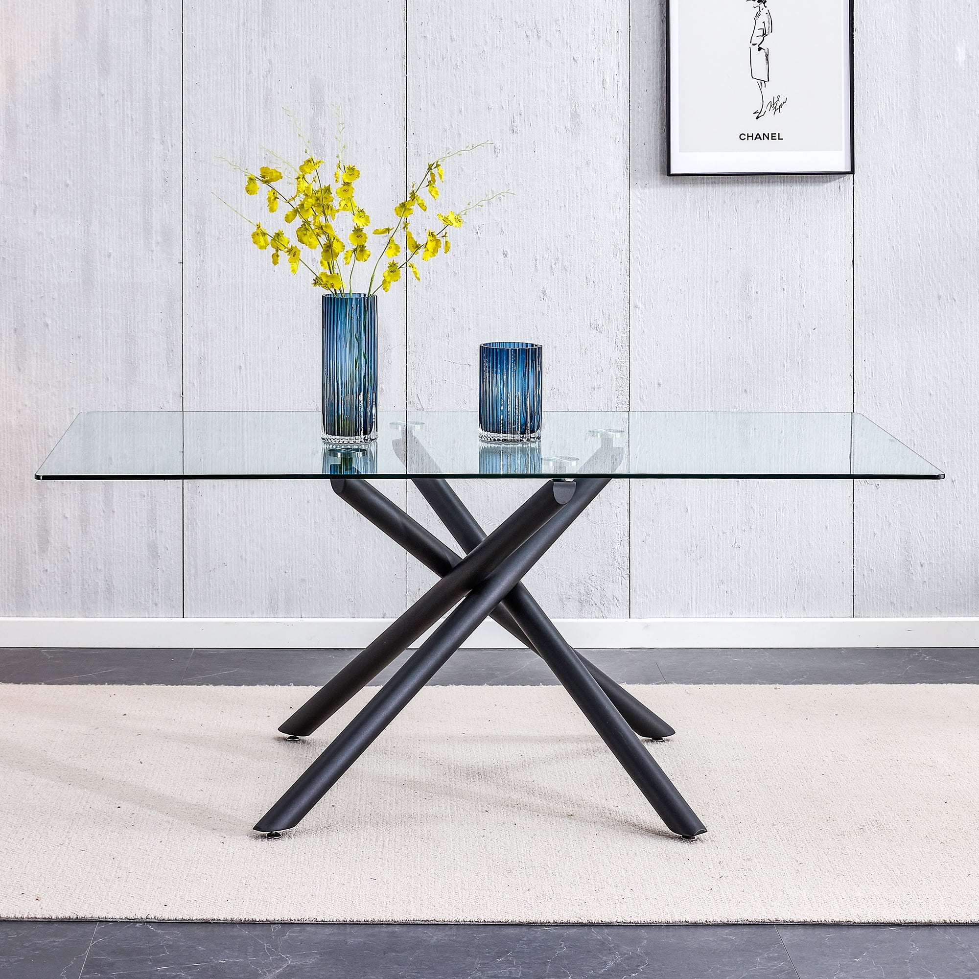 TSKER Large Modern Minimalist Rectangular Glass Dining Table for 68 with 0.39" Tempered Glass