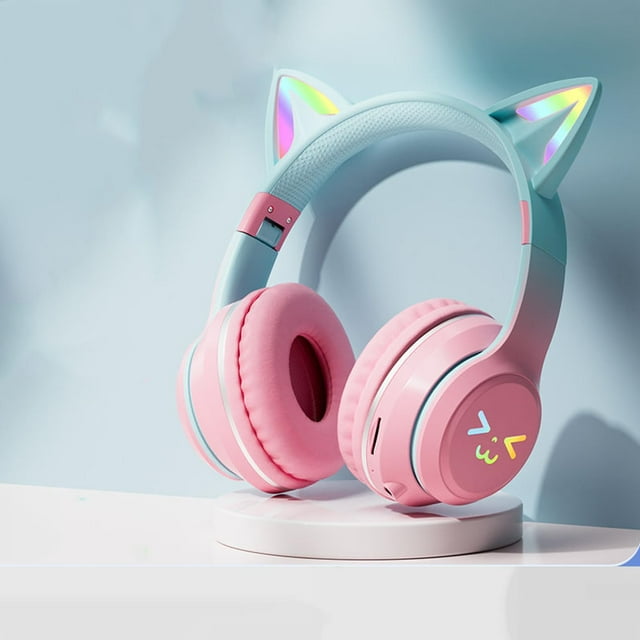 TSKVT Bluetooth earphones, cute styling earphones, foldable breathing color light, wireless Bluetooth 5.0, can be linked and used on mobile phones, tablets, and other devices, (pink) C30