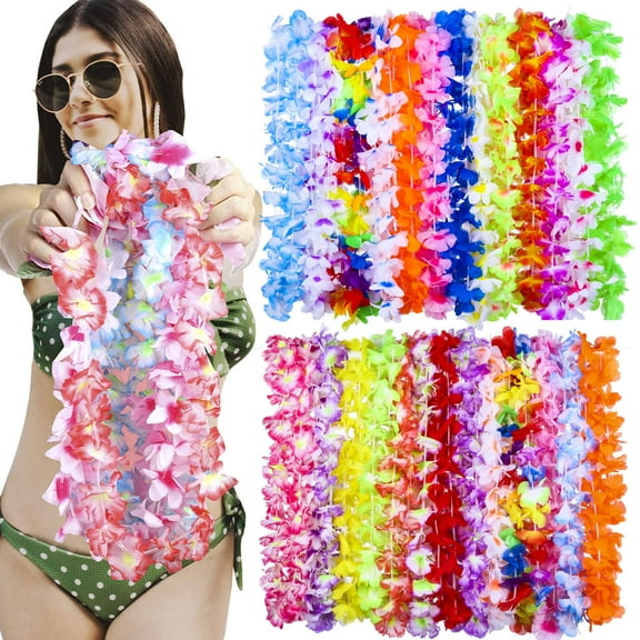 TSMJUWND 100 Pcs Hawaiian Leis for Luau Party Hawaii Leis Bulk Colorful Silk Flower Necklace Tropical Hula Dance Decor Flower Summer Beach Pool Party Decorations Favors Supplies Y101