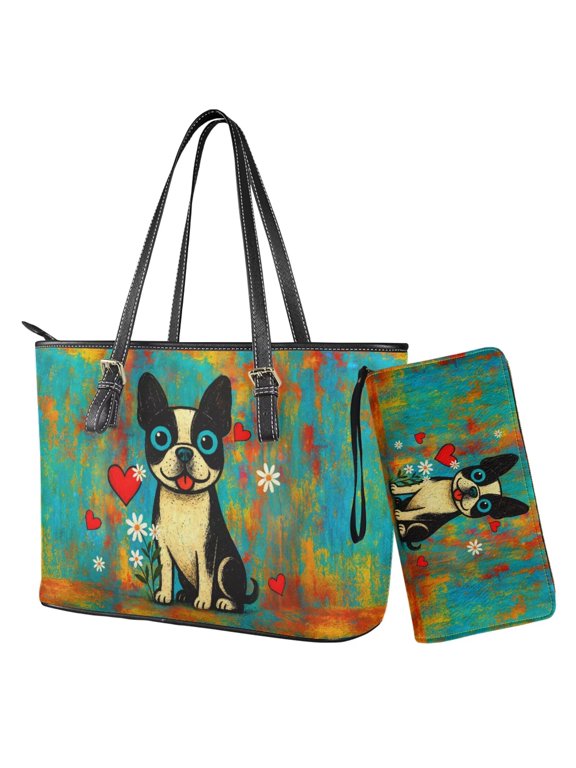 2PCS Top Handle Purse and Wallet Set for Women Casual Tote Shoulder Bag Hobo Bag Satchel Handbag with PU Wallet Clutch Purse, Cartoon Bulldog Heart Print