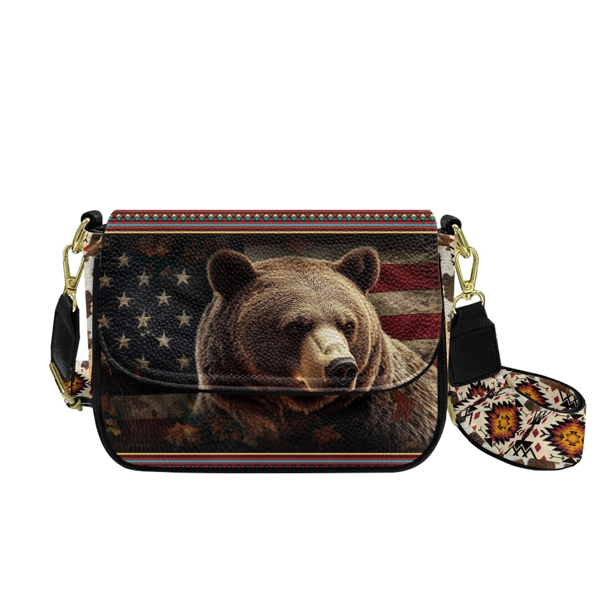 TSOVTHRID American Flag Bear Print Crossbody Bags for Women Cross Body Purses Aztec Tribal Print Cell Phone Leather Handbag Shoulder Bag with Magnetic Buckle