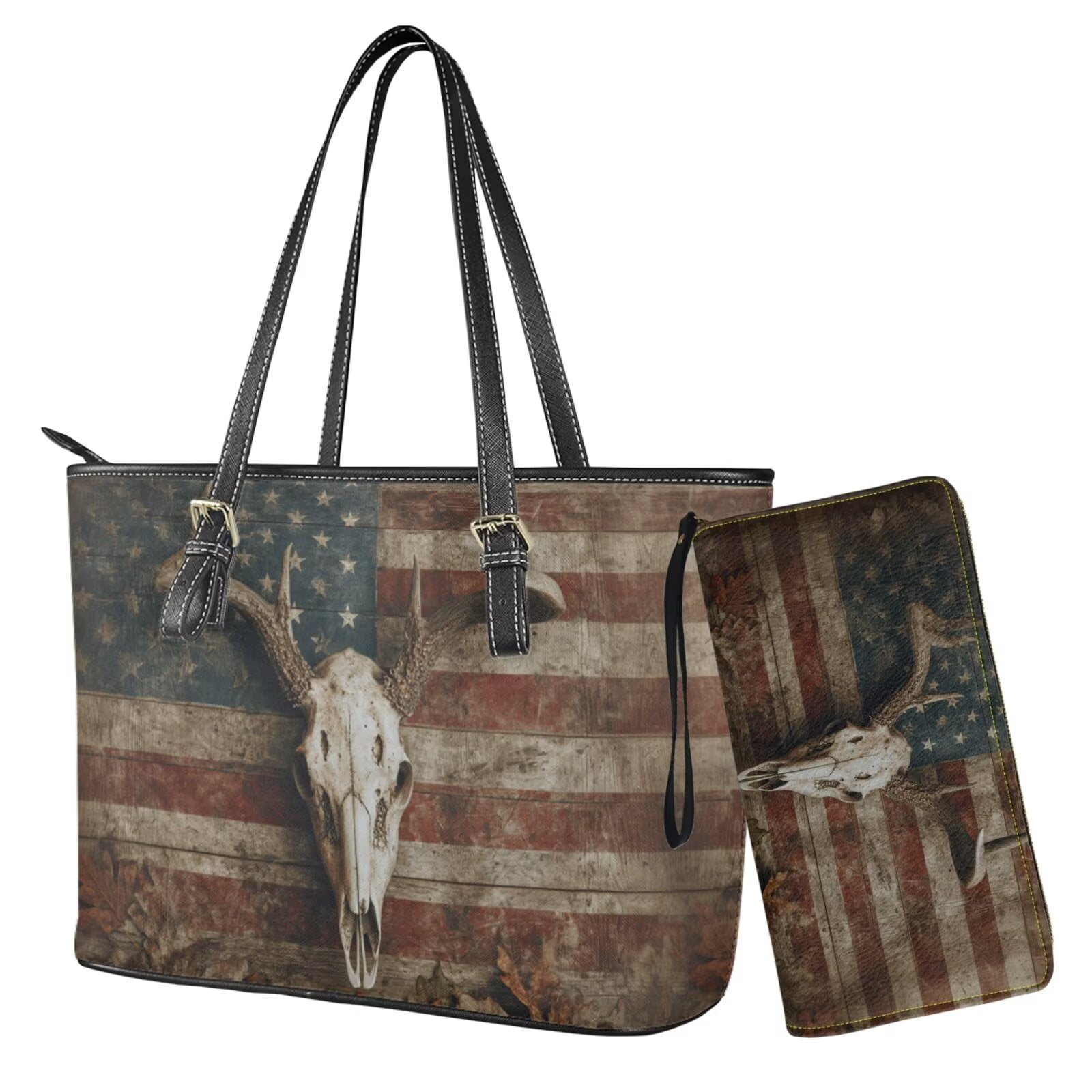 TSOVTHRID American Flag Deer Skull Print Handbag and Wallet Set Waterproof Tote Bag Top Handle Handbag with Matching Leather Wallet Large Capacity Shoulder Satchel Clutch Purse