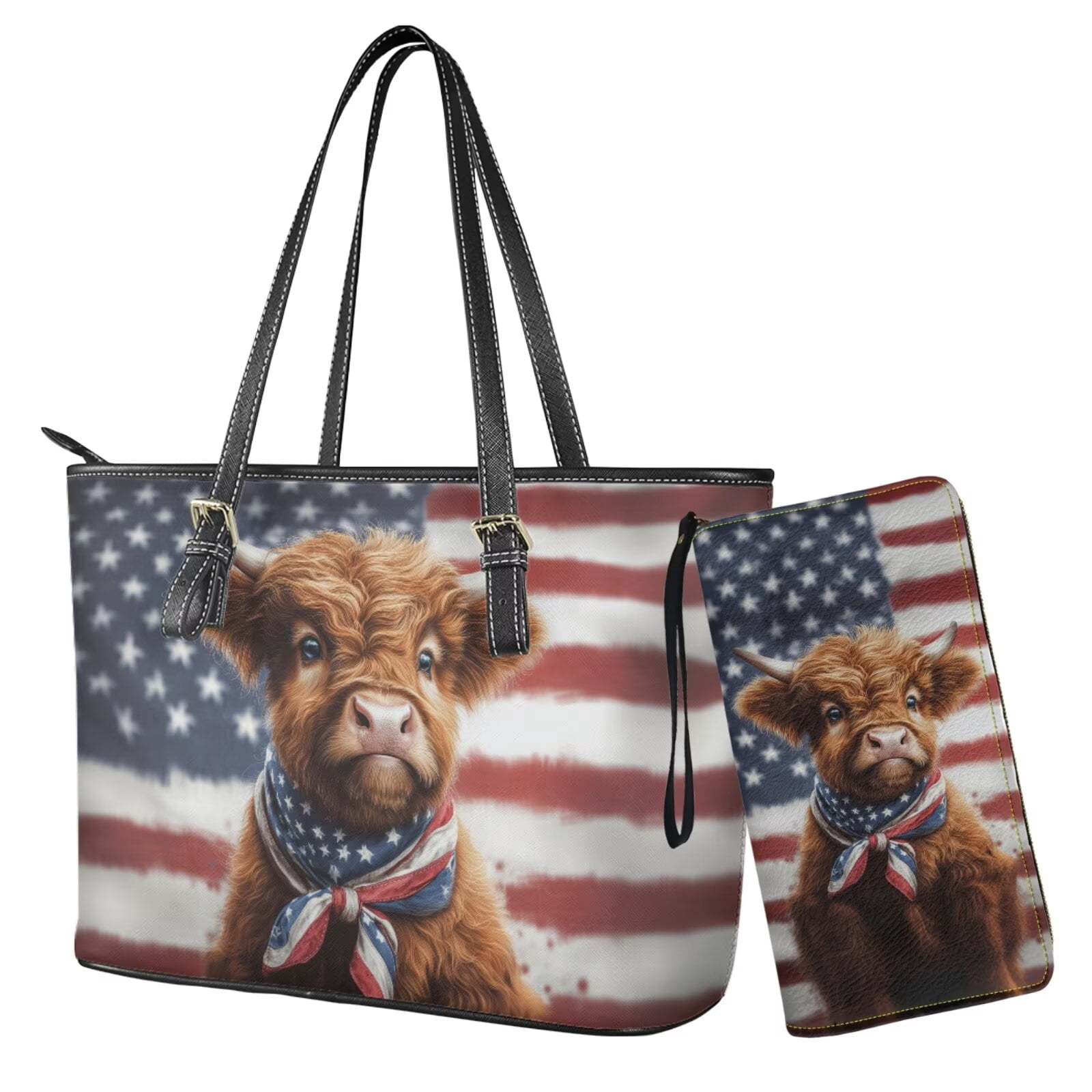 TSOVTHRID American Flag Highland Cattle Print Women's Handbag with Matching Wallet Tote Bag Top Handle Purse Satchel Clutch Wallet Set Hobo Shoulder Handbag for Shopping Working