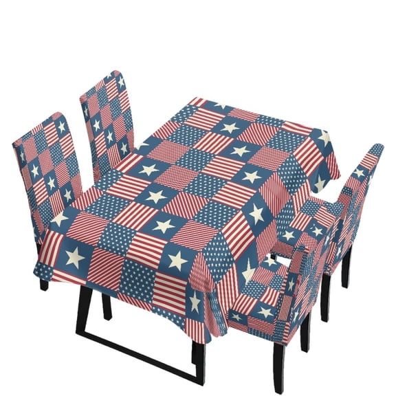 TSOVTHRID American Flag Star Plaid Print 5 Pcs Tablecloth Chair Cover Set Chair Covers Waterproof Rectangle Table Cloth for Dining Room Banquet Party Festival Independence Day Decoration
